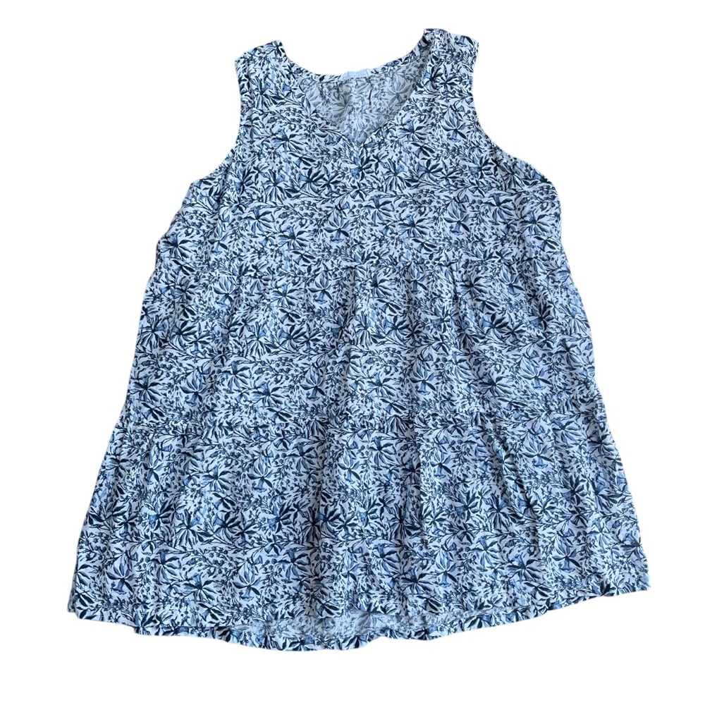 Lucky Brand Women's Linen Blue Floral Sleeveless V Neck Dress Boho Chic
